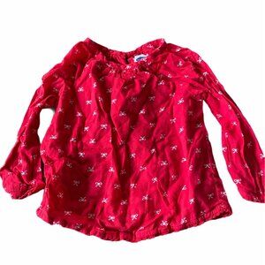 Old Navy Baby Girls Red Shirt With White‎ Ribbon Print Long Sleeves Size 12-18M